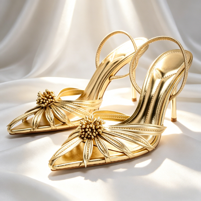 Women'S Fashion Line - Luxury Gold Floral Detail Slingback Heels